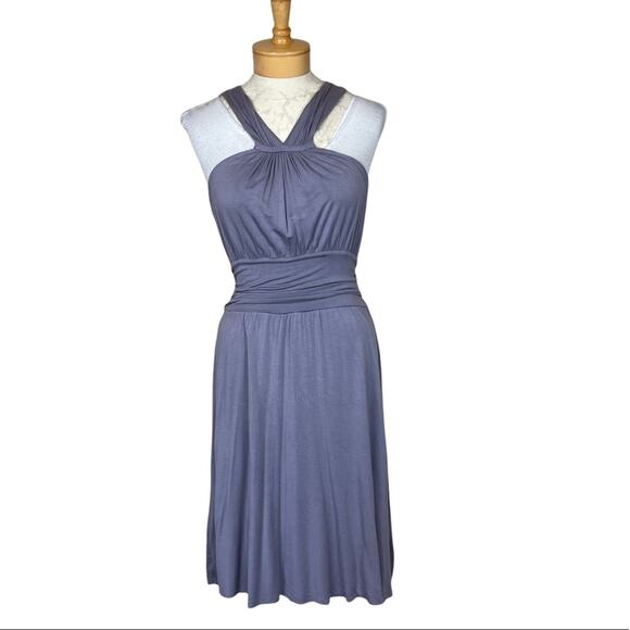 Velvet Halter Knit Dress Side Ruching Fit and Flare Purple Size Large - Picture 1 of 8